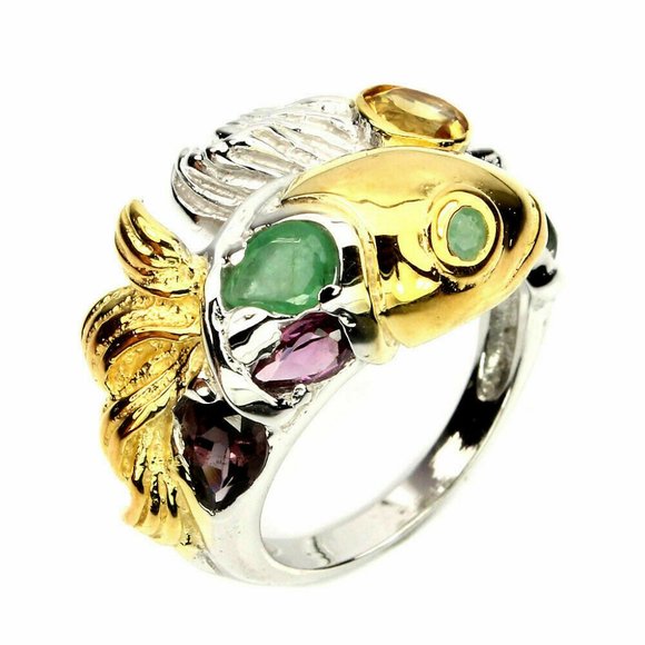 Unbranded Jewelry - CLEARANCE: Natural Emerald, Citrine,  Gems 925 Sterling Silver Fish Ring Sz 7.5